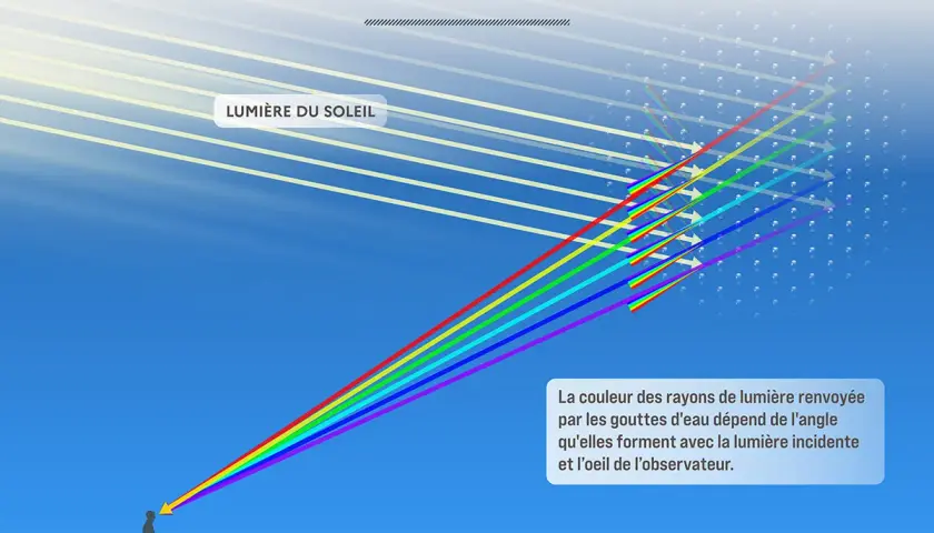Illustration de la formation d'un arc-en-ciel, montrant la lumière du soleil se séparant en un spectre de couleurs arc en ciel ordre à travers des gouttes d'eau.