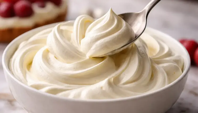Une cuillère prélève une portion de chantilly mascarpone onctueuse dans un bol blanc. Des fruits rouges sont visibles en arrière-plan.