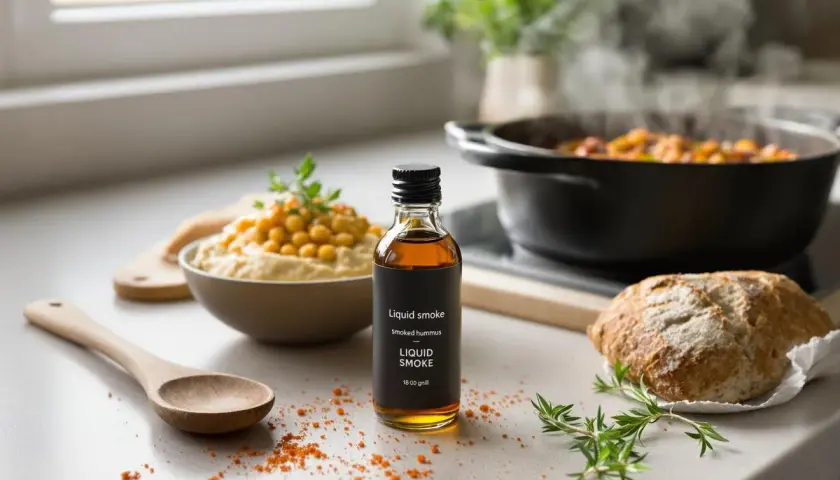 Comment donner un goût fumé aux aliments : une bouteille de "Liquid smoke" à côté d'un houmous et d'un pain rustique.