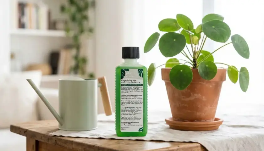Bouteille d'engrais naturel pour plante verte d'intérieur, à côté d'un arrosoir et d'une plante.