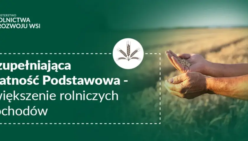 Uzupełniająca płatność podstawowa wspiera rolników, zwiększając ich dochody. Widać dłonie trzymające ziarno na tle pola.