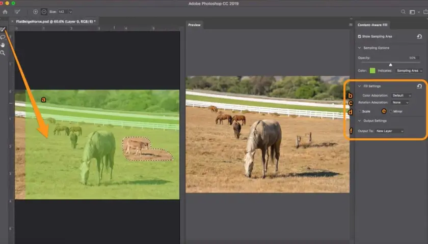 Photoshop-Fenster zeigt die Funktion "Inhaltsbasiert füllen" mit einer Kuhauswahl auf einer Weide mit Pferden. Einstellungen für das Füllen sind sichtbar.
