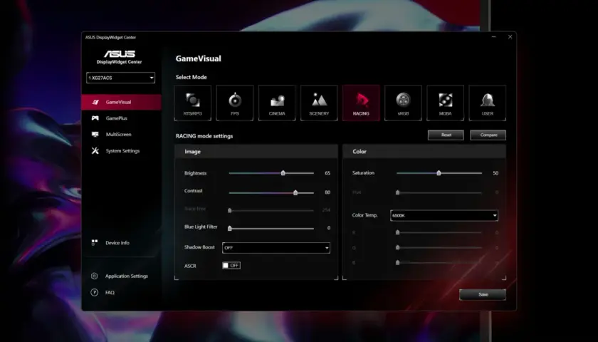ASUS DisplayWidget Center mit ausgewählten "RACING"-Einstellungen für den ASUS ROG Strix XG27ACS Monitor.