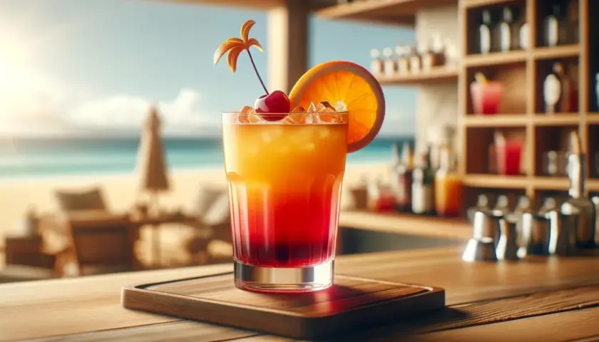 Kolorowy drink na plaży, idealny na letnie wieczory. Słoneczny drink sex, z wisienką i pomarańczą, na tle morza.