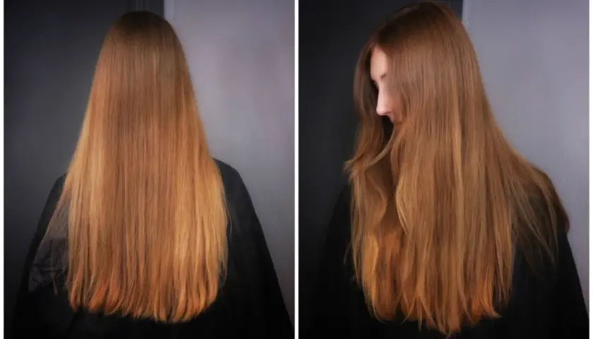 Före- och efterbilder på en person som gör en hårfärgning från brunt till blont hemma.