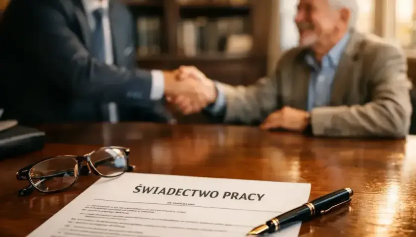 Uścisk dłoni po rozmowie o zwolnieniach grupowych. Na stole dokument "Świadectwo Pracy" i okulary.