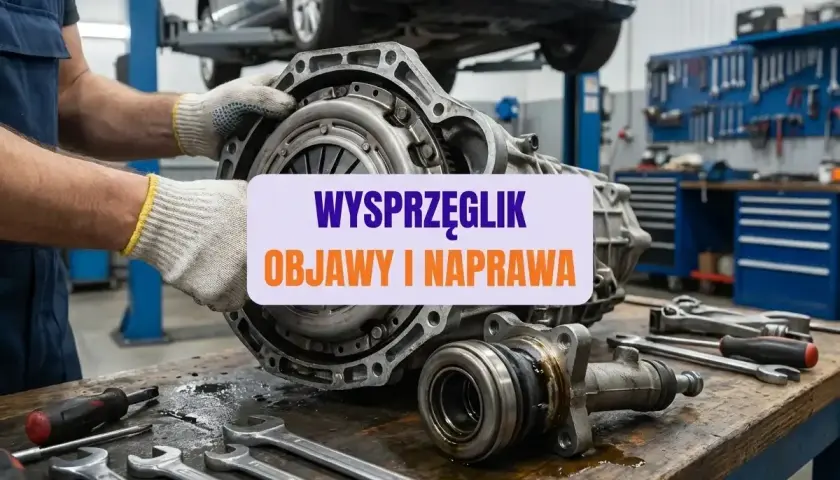 Mechanik trzymający element skrzyni biegów, narzędzia na stole, w tle samochód na podnośniku.