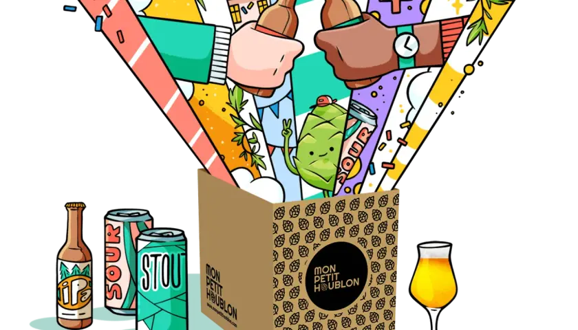 Une boîte déborde de bières festives, dont une IPA, une Sour et une Stout. L'indice amertume bière est présent dans cette joyeuse célébration houblonnée.