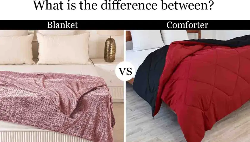 A pink knitted blanket vs. a red and black comforter, illustrating what's the difference between a blanket and a comforter.