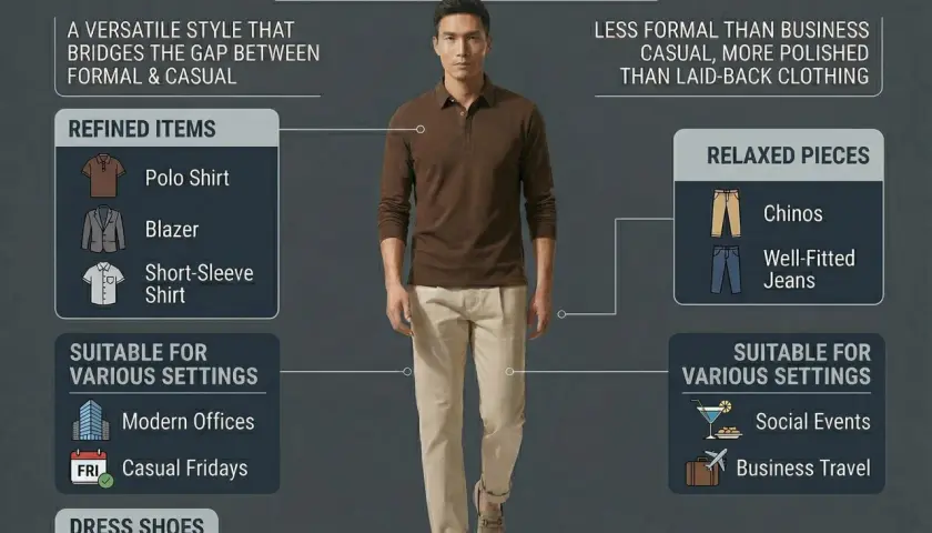 Guía de **smart casual dress code**: hombre con polo marrón y chinos beige. Ideal para oficinas modernas, eventos sociales y viajes de negocios.