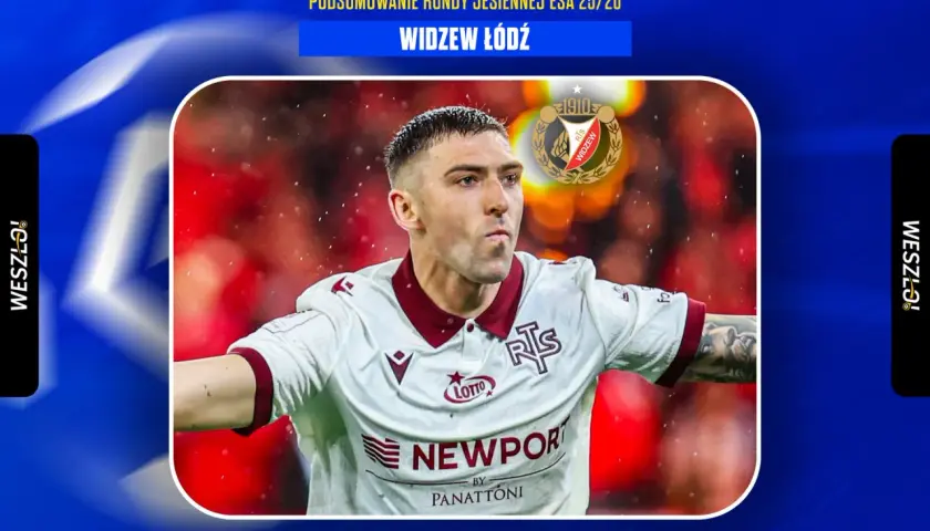 Piłkarz Widzewa Łódź w białej koszulce z bordowymi elementami, z herbem klubu na piersi. Podsumowanie rundy jesiennej ESA 25/26.