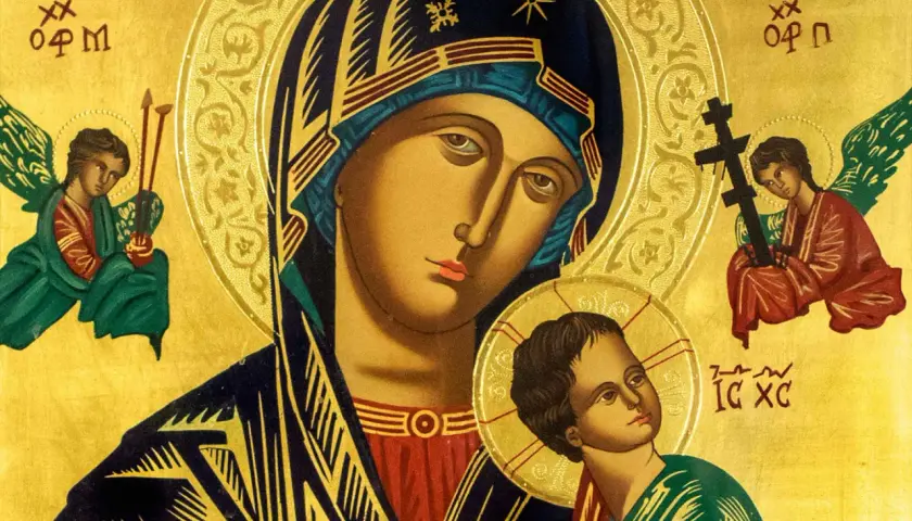 Ikona Matki Bożej z Dzieciątkiem, otoczona aniołami. W tle złoto, symbolizujące boskie światło. Paraklet, pocieszyciel, obecny w tej świętej scenie.