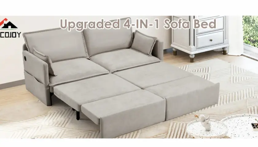 A light gray, 4-in-1 pull-out sofa bed is shown partially unfolded, revealing its versatile design.