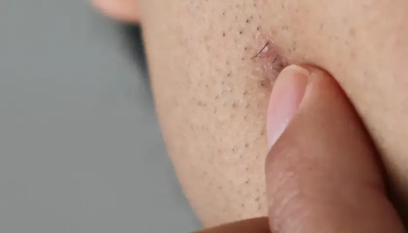 Dedo tocando un pequeño bulto rojo en la piel, con un pelo encarnado visible.