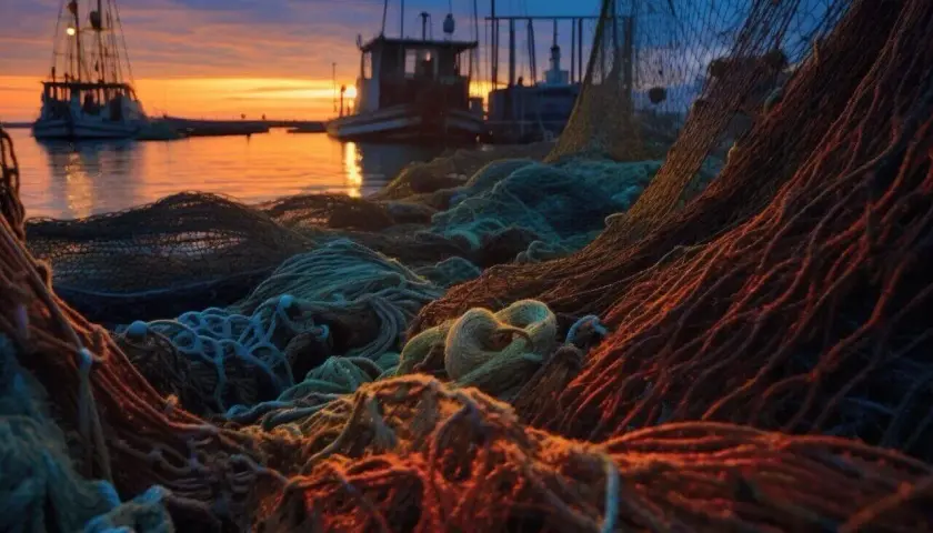 Redes de pesca apiladas al atardecer, listas para la pesca furtiva. Barcos en el puerto reflejan la luz anaranjada.