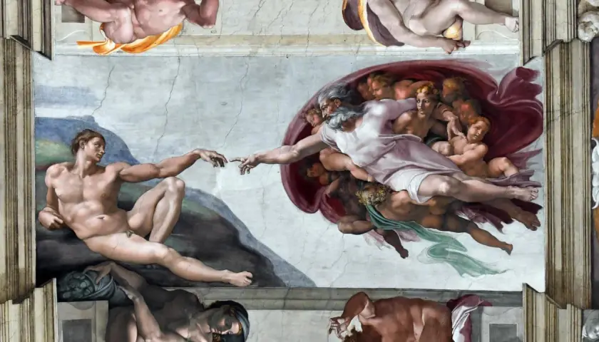 Michelangelo's Sixtinische Kapelle: Gott haucht Adam Leben ein. Ein ikonischer Moment der Schöpfung, der die göttliche Berührung einfängt.