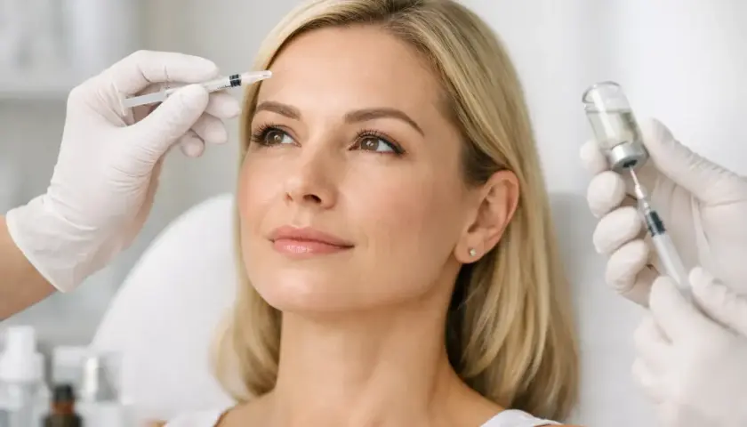 En kvinna får botox eller fillers i pannan. En hand med handske förbereder en injektion.