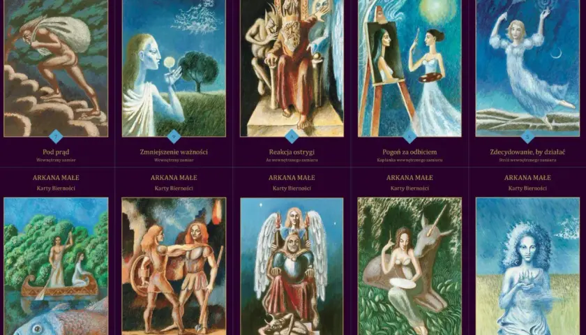 Karty zdrady tarot: mężczyzna z workiem na górze, kobieta z kwiatem, król z demonami, artystka malująca, kobieta w tańcu.