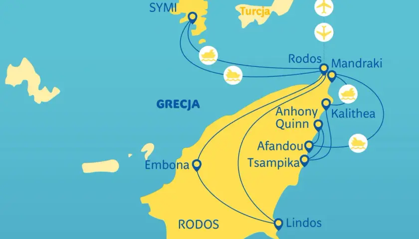 Mapa Grecji z zaznaczonym Rodos, Symi i Turcją. Pokazuje trasy morskie i lotnicze. Rodos czy warto? Zdecydowanie tak!