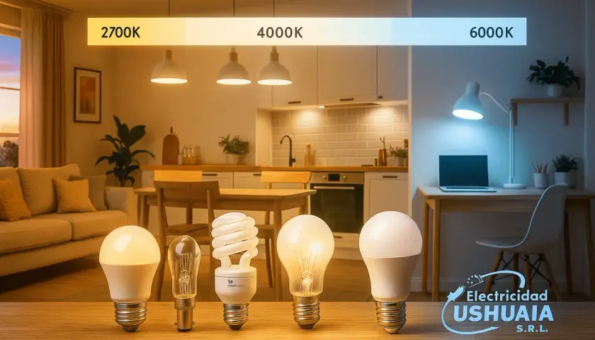 Comparativa de bombillas LED, halógena, CFL e incandescente, mostrando la unidad de flujo luminoso en diferentes temperaturas de color (2700K a 6000K).