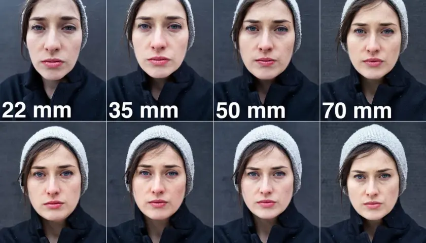 Portret kobiety z różnymi ogniskowymi: 22 mm (szeroki kąt), 35 mm (uniwersalny), 50 mm (standardowy), 70 mm, 90 mm, 120 mm, 150 mm, 200 mm (teleobiektyw). Jaki obiektyw do czego?
