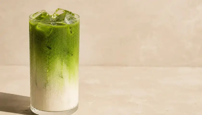 Orzeźwiający napój matcha latte z lodem w szklance. Idealny, gdy zastanawiasz się, jak zrobic matche.