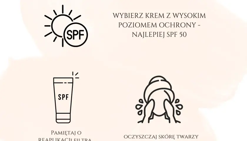 Wybierz krem z wysokim SPF 50. Pamiętaj o reaplikacji filtra co 2 godziny. Oczyszczaj skórę twarzy dwuetapowo.