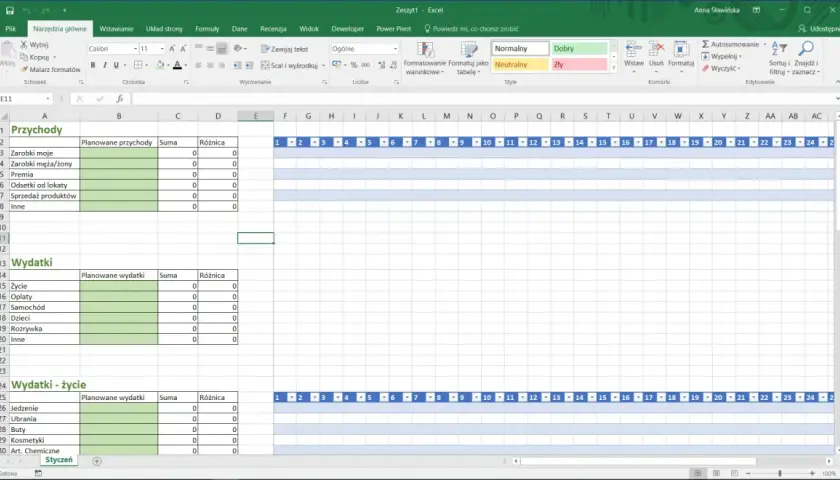Arkusz Excel z budżetem miesięcznym, podzielony na przychody i wydatki, z polami do wpisania planowanych kwot i sum.