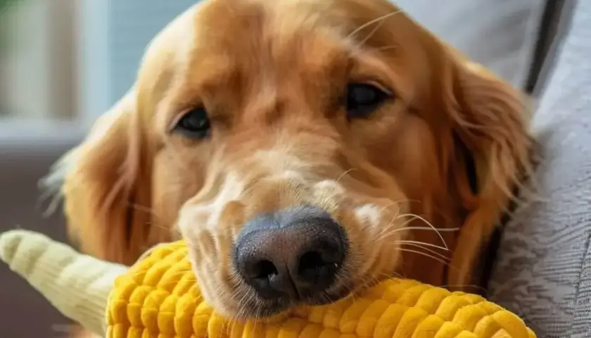 Złoty retriever z zabawką w kształcie kolby kukurydzy. Czy pies może jeść kukurydzę? Tak, ale w umiarkowanych ilościach.