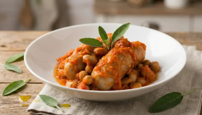Salsiccia e fagioli in umido, guarniti con foglie di salvia fresca, serviti in una ciotola bianca su un tavolo di legno.