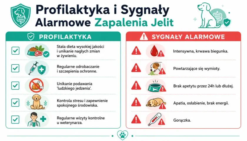 Profilaktyka i sygnały alarmowe zapalenia jelit u psa: biegunka, wymioty, brak apetytu, apatia, gorączka.