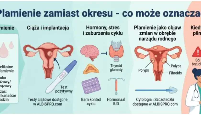 Plamienie zamiast okresu może oznaczać ciążę, zaburzenia hormonalne, polipy lub inne zmiany. Warto skonsultować się z lekarzem.