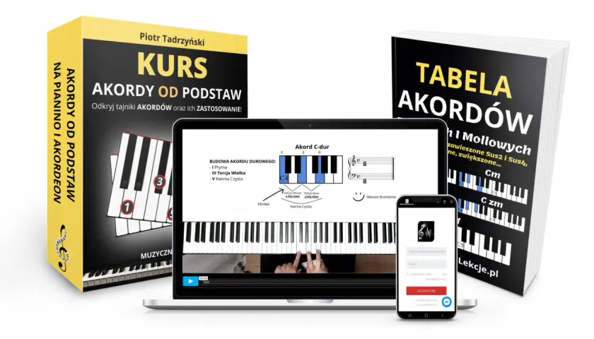 Kurs "Akordy od podstaw" i "Tabela akordów" na pianino i akordeon. Na ekranie laptopa widoczny akord C-dur.