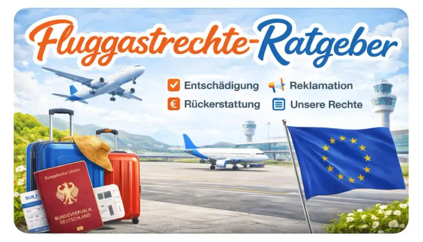 Flug gecancelt? Der Ratgeber zu Fluggastrechten zeigt Koffer, Pass und EU-Flagge. Infos zu Entschädigung, Rückerstattung, Reklamation & unseren Rechten.