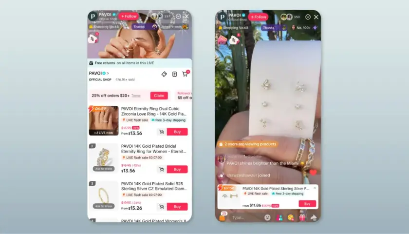 Jak zrobić live na TikToku? Zobacz, jak sprzedawcy prezentują biżuterię, oferując promocje i szybką wysyłkę.