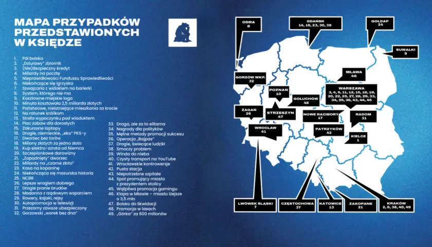 Mapa przypadków przedstawionych w księdze z zaznaczonymi miastami i numerami.