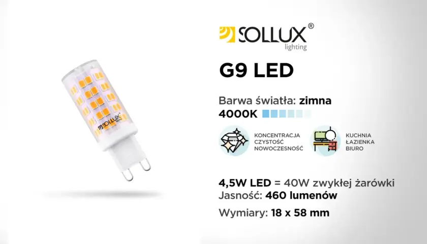 Żarówka LED G9 Sollux, 4.5W, zimna barwa 4000K. Zamiennik 40W żarówki halogenowej, idealna do kuchni, łazienki, biura.
