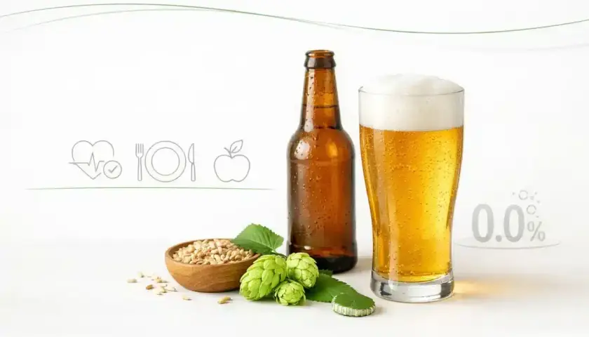 Czy piwo jest zdrowe? Na zdjęciu piwo, chmiel, słód i symbole zdrowia. 0.0% alkoholu.