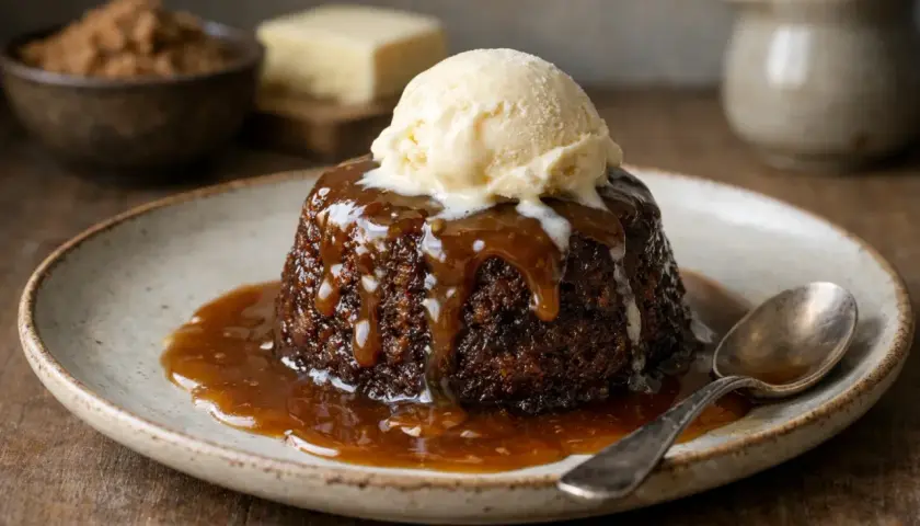 En läcker sticky toffee pudding med en kula vaniljglass och kolasås som rinner ner.