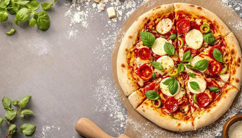 Une délicieuse pizza Margherita, fraîchement sortie du four, sur une planche à pizza. La pâte à pizza est dorée et garnie de tomates, mozzarella et basilic.