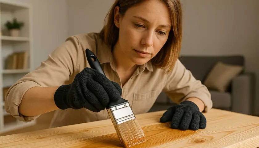 Donna con guanti neri applica vernice trasparente su un tavolo di legno, migliorando la sua quotazione.