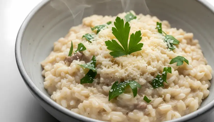 Un cremoso risotto ai funghi, mantecato con parmigiano e guarnito con prezzemolo fresco. Un piatto di riso in cagnone che profuma di casa.
