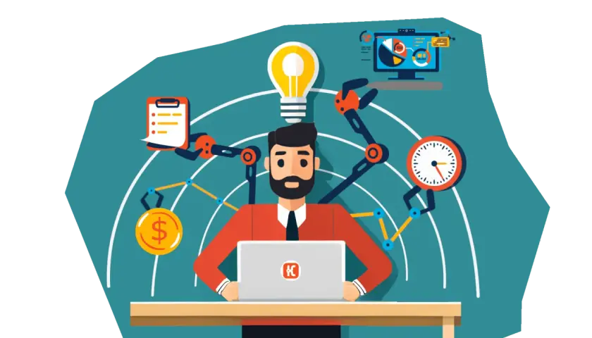 Hombre con laptop rodeado de brazos robóticos que representan ideas, dinero, tiempo y análisis. Un ejemplo de **que es el duty cycle** en la gestión de proyectos.