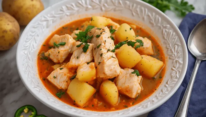 Un reconfortante plato de patatas con bacalao en una salsa rojiza, adornado con perejil fresco.
