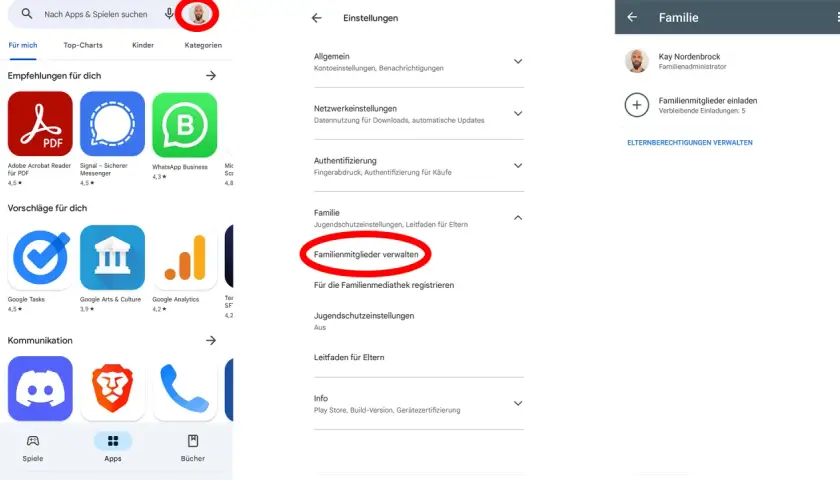 Google Play Store: Einstellungen für Familie und google speicherplatz teilen. Familienmitglieder verwalten und einladen.