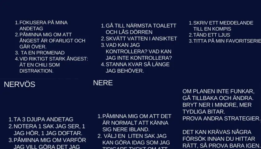 Lista med strategier för att hantera ångest, stress och ensamhet. Kan hjälpa vid emotionell utmattning.