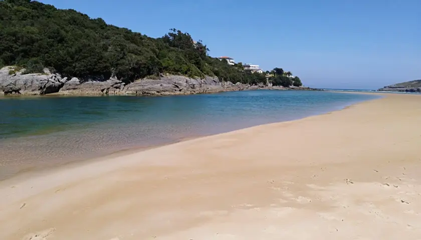 Amplia playa de la arena con aguas tranquilas y vegetación en la ladera. Un lugar ideal para los nudistas que buscan paz.