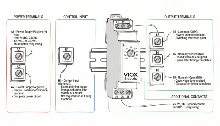 Schemat podłączenia przekaźnika czasowego VIOX Electric. Pokazuje wejścia zasilania, sterowania i wyjścia.