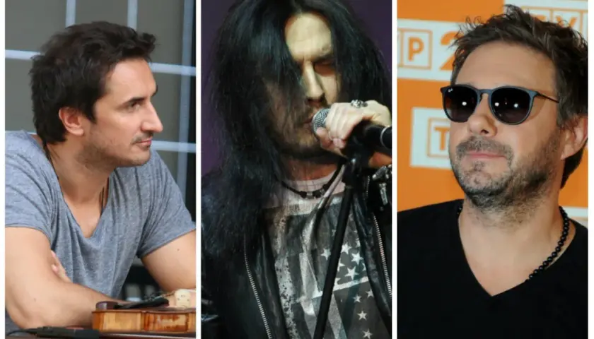 Trzech polscy piosenkarze lat 2000.: muzyk z gitarą, rockman z długimi włosami i wokalista w okularach.