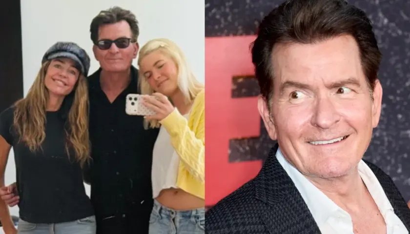 Charlie Sheen z żoną i córką robią selfie. Obok zbliżenie na uśmiechniętego aktora.
